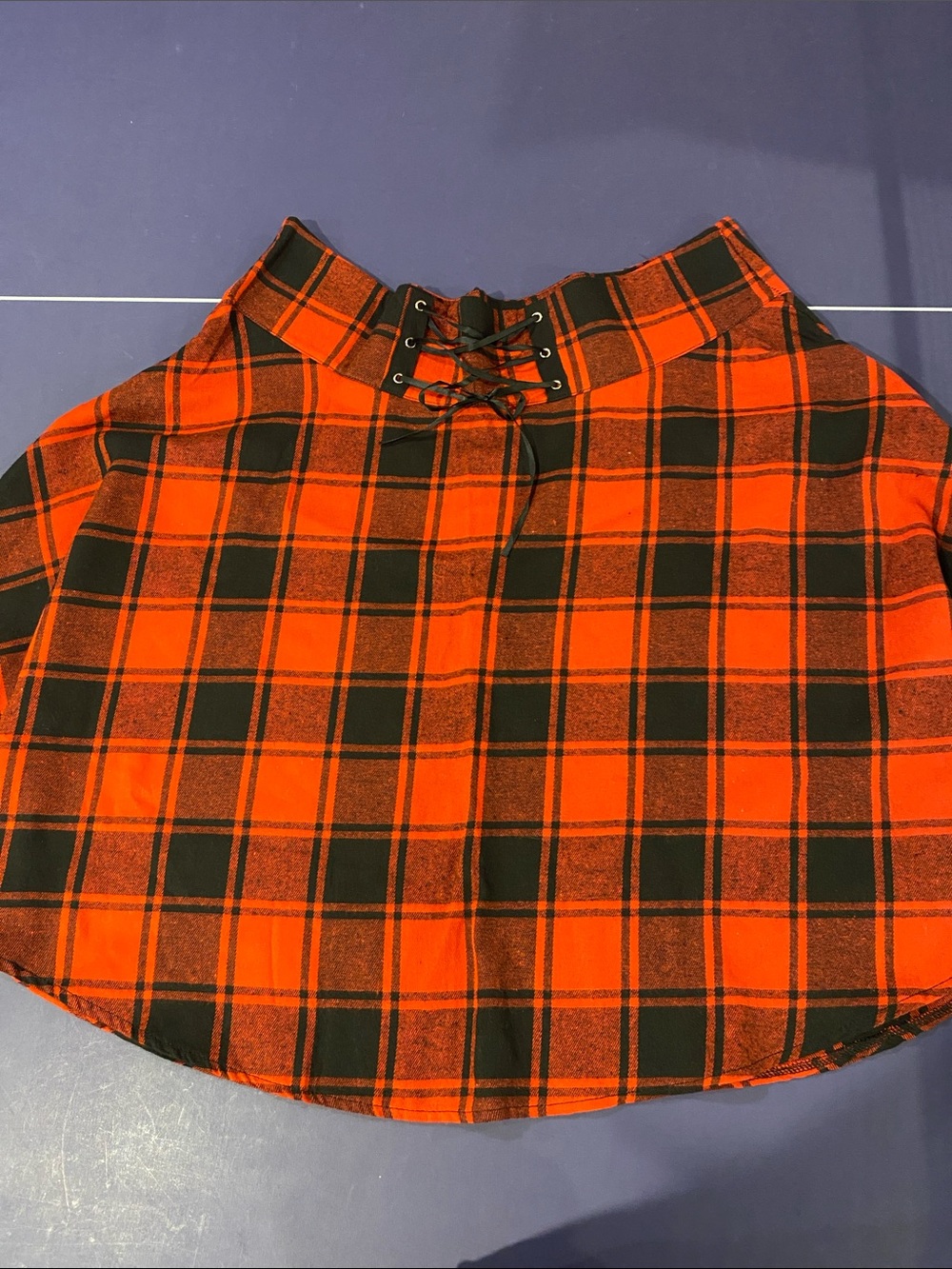 High-Waisted Red & Black Plaid Lace-Up Skater Skirt